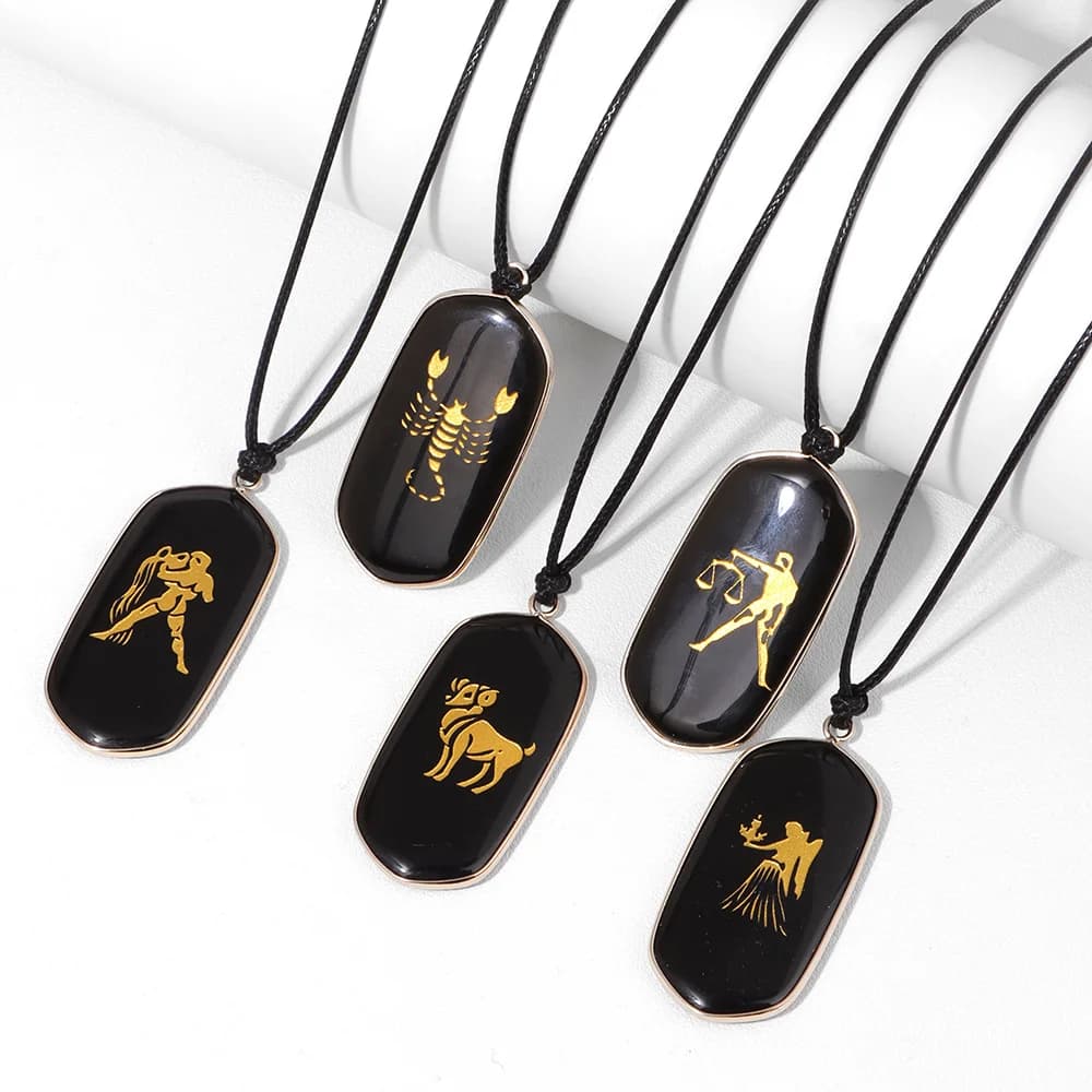 2025 New Obsidian Pendent Necklace 12 Constellation Zodiac Sign Leo Virgo Jewelry Gift Double Sided Carved Stone Rope Necklace
