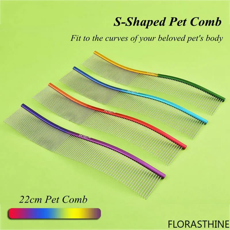22cm S-shaped Pet Rainbow Comb Cat Grooming Comb Stainless Steel Dense Dog Teeth Cleaning Brush Hair Removal Pet Supplies