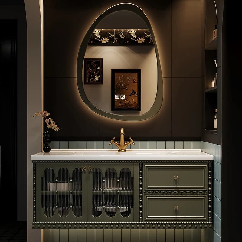 Mobiletto da bagno moderno con mensola a specchio intelligente in vetro, mobile salvaspazio, mobiletto da bagno nero classico rustico
