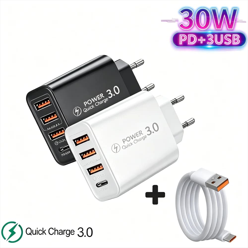 PD 30W Type C Fast Charging Charger Multi Ports Quick Charging Adapter For iPhone Xiaomi Huawei Samsung USB Mobile Phone Charger