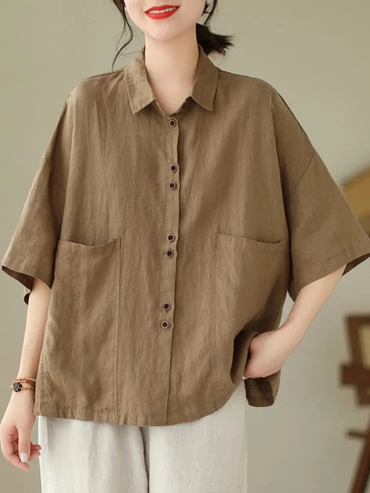 Camicia Casual Oversize in Cotone e Lino da Donna, Top Estivo Versatile con Tasche Grandi, Camicia in Lino che Nasconde le Forme e Snellisce