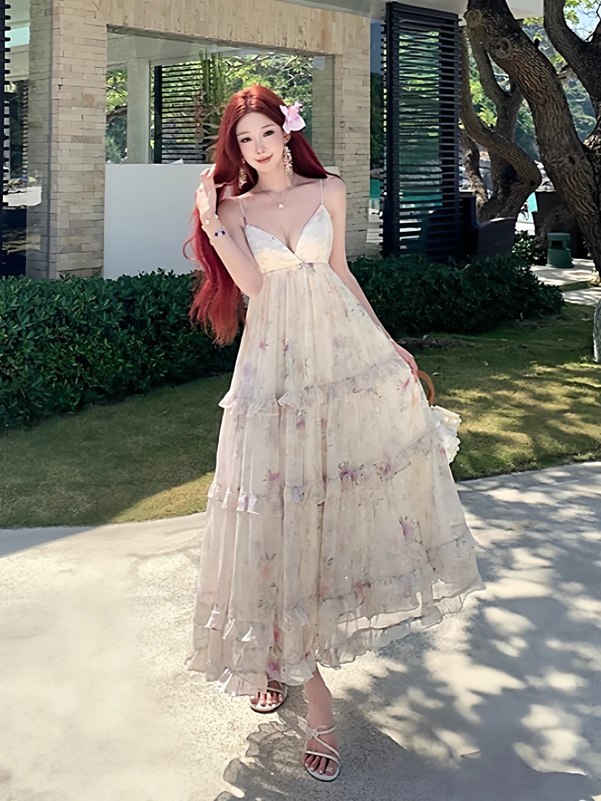 Abito lungo floreale con stampa, gonna da spiaggia a vita alta in chiffon leggero con scollo a V