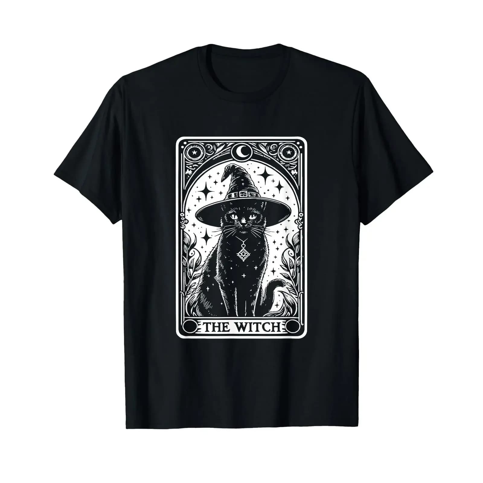 The Witch Cat Halloween Mystic Vintage Gothic Tarot Card T Shirt vintage Washed Breathable Versatile streetwear Casual homme