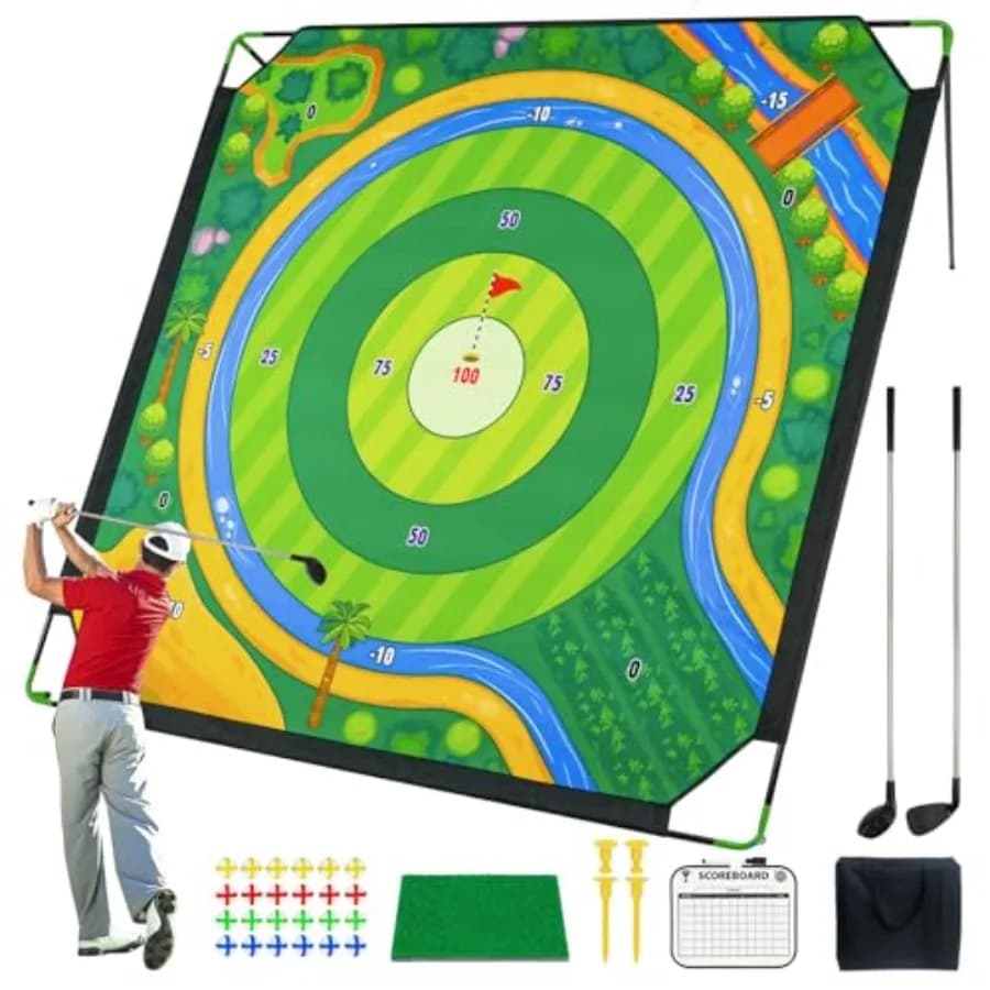 Set da gioco per golf con 2 mazze, tappetino da chipping grande 71x71 pollici, 24 palline adesive, tappetino da colpo e tabellone portatile per la segnapuntiatura
