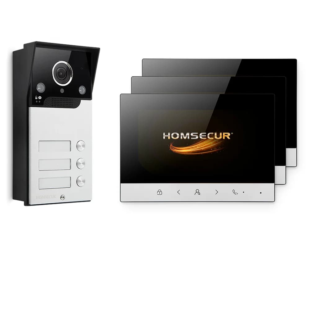 HOMSECUR Videocitofono a 4 Fili per 3 Famiglie, 1 Telecamera XC112F-3 e 3 Monitor XM717F