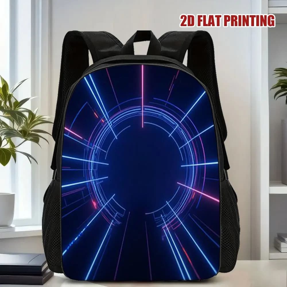 1 zaino casual leggero in poliestere con stampa 2D effetto neon, tracolla regolabile e scomparto con cerniera - grande