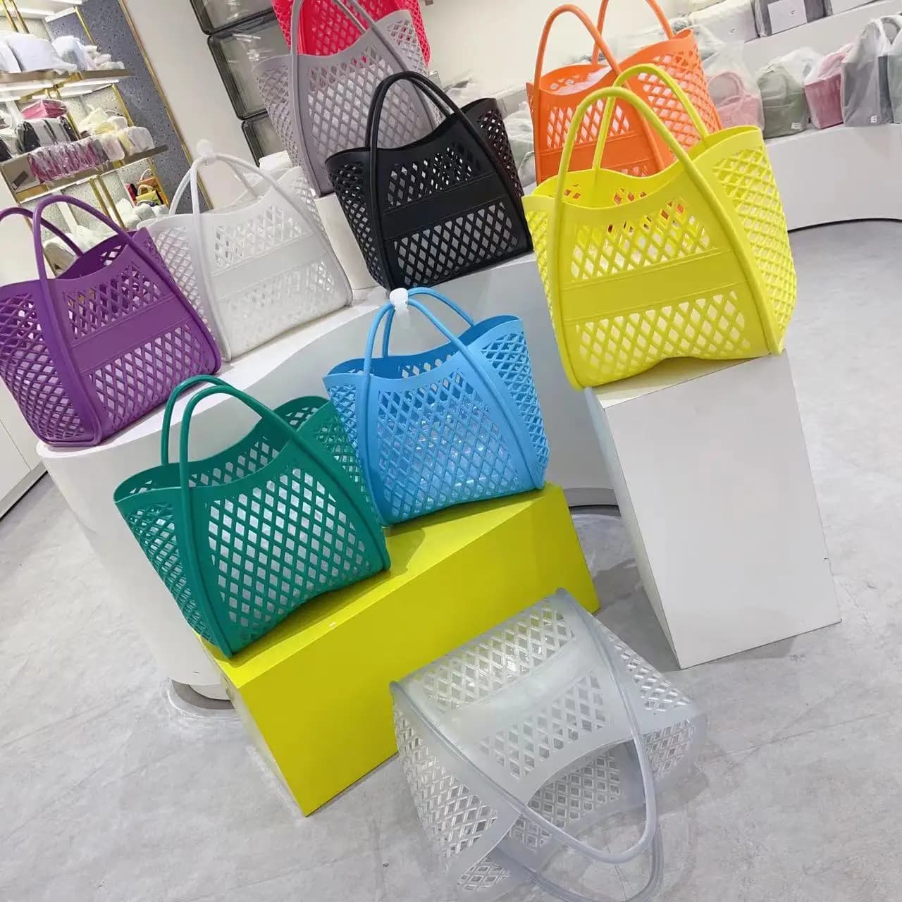 Borsa in gelatina Cestino per verdure scavato in silicone Borsa da picnic Cestino per la spesa Borsa da spiaggia in PVC Cestino portaoggetti per il lavaggio e il bagno