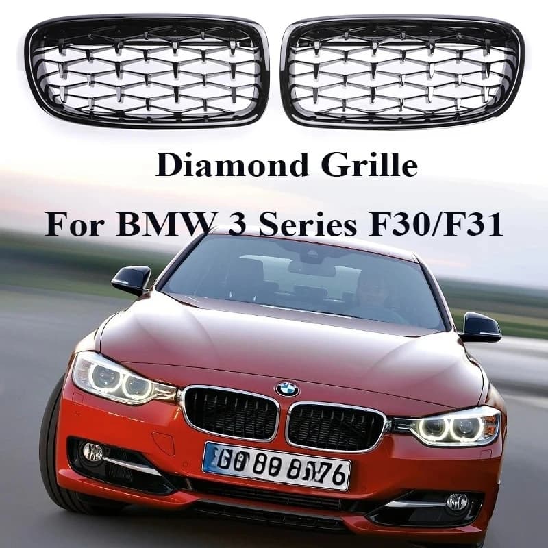 Griglia Anteriore Sportiva Cromata Nera con Punti Argento Stile Diamante per BMW Serie 3 F30 F31 2012-2019 320i 328i 330i 340i