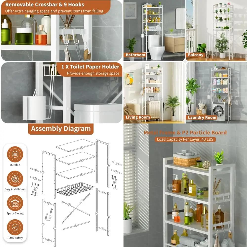 Organizzatore da bagno a 4 livelli sopra il WC con porta carta igienica e 9 ganci, bianco