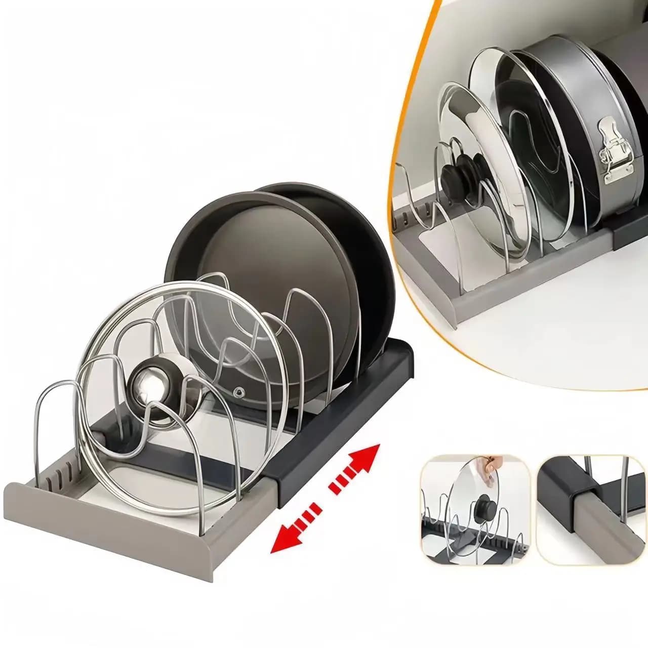 Expandable storage rack for kitchen cabinet Stainless steel shelf for pots, pans, cutters, pots