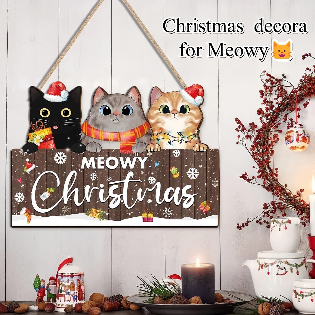 1 pezzo di ornamento natalizio da appendere in legno, simpatico ciondolo natalizio con gatto, decorazione festiva da appendere all'albero di Natale per la parete della porta della casa delle vacanze