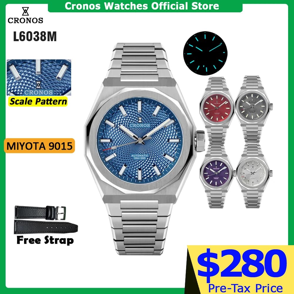 Cronos Luxury Men Watch 39mm Automatic Miyota 9015 Wristwatches Sapphire 10ATM See-through Back L6038M