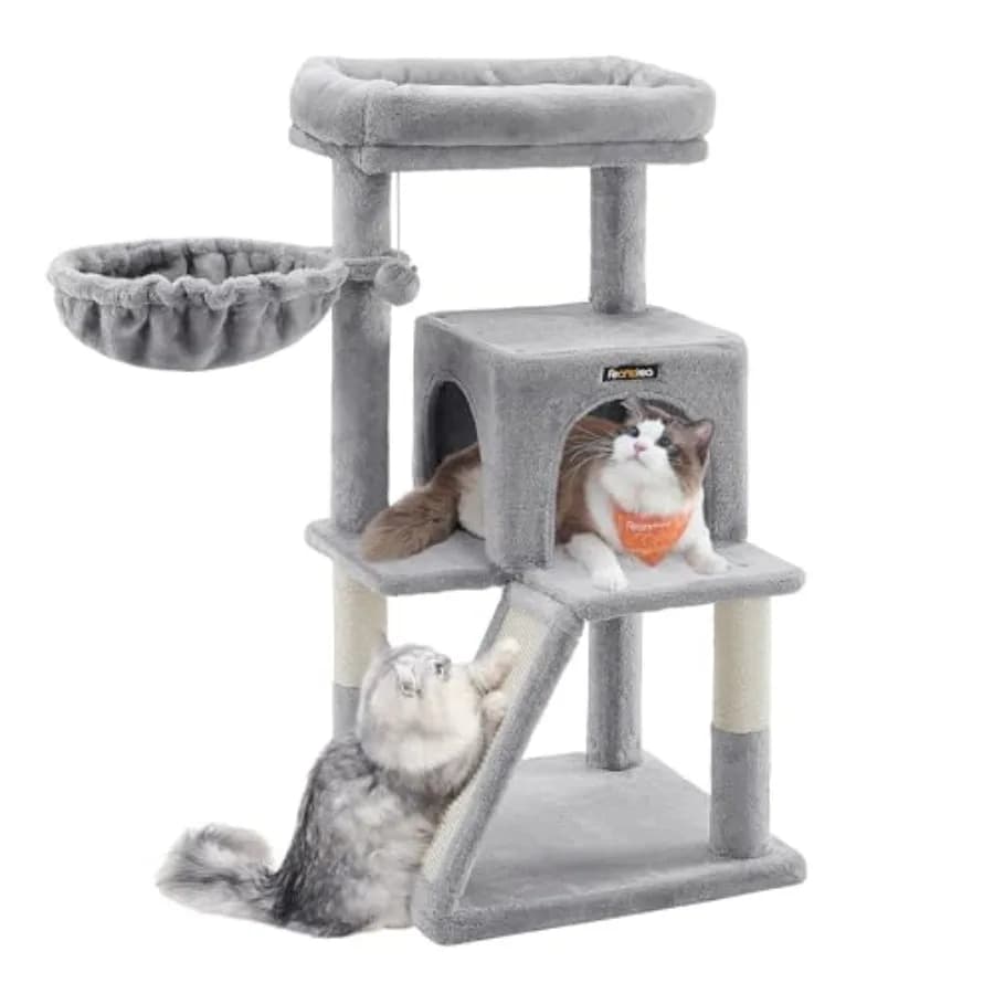 Tiragraffi per Gatti da 96 cm, Torre Multilivello con Postazione Allargata, Tiragraffi e Rampa, Grotta a 2 Porte, Amaca, Grigio Chiaro UPCT