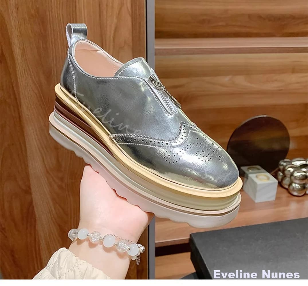 Silver Genuine Leather Platform Shoes Women 2026 New British Style Gold Wedge Heel Platform Leather Shoes Fashion Versatile Shoe