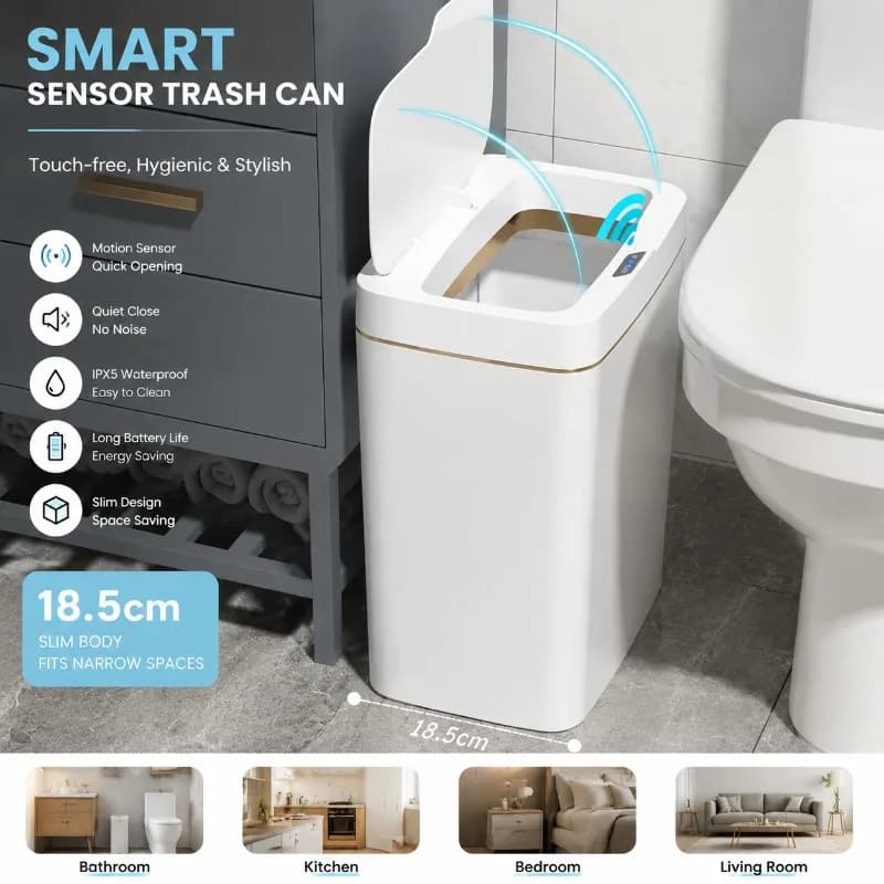 1pcs 15L Automatic Sensor Trash Can, Touchless Waterproof Narrow Garbage Dustbin for Bathroom Kitchen Toilet Household Storage