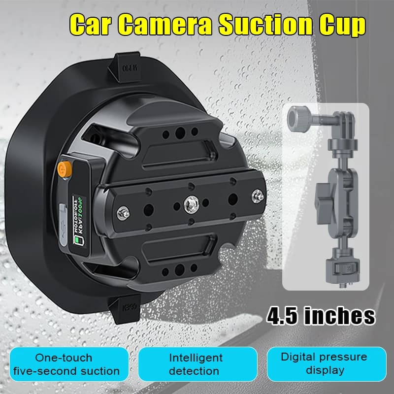 Internal and external fixed suction bracket for cars with 4.5 inch vacuum action camera with automatic detection and pressure compensation