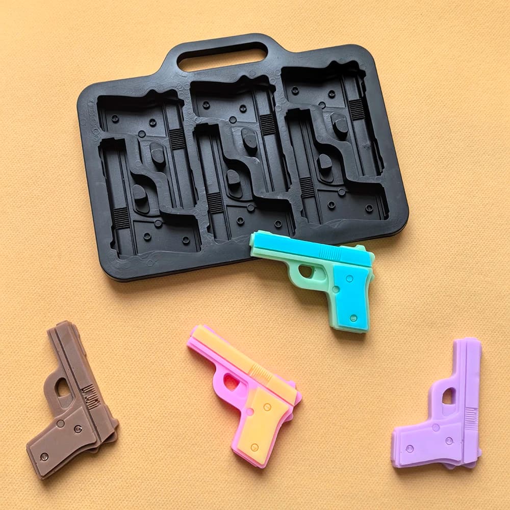 Stampo in silicone a forma di pistola a 6 fori da 1 pezzo, adatto per biscotti fai-da-te, cioccolatini, caramelle, cubetti di ghiaccio, stampi da forno