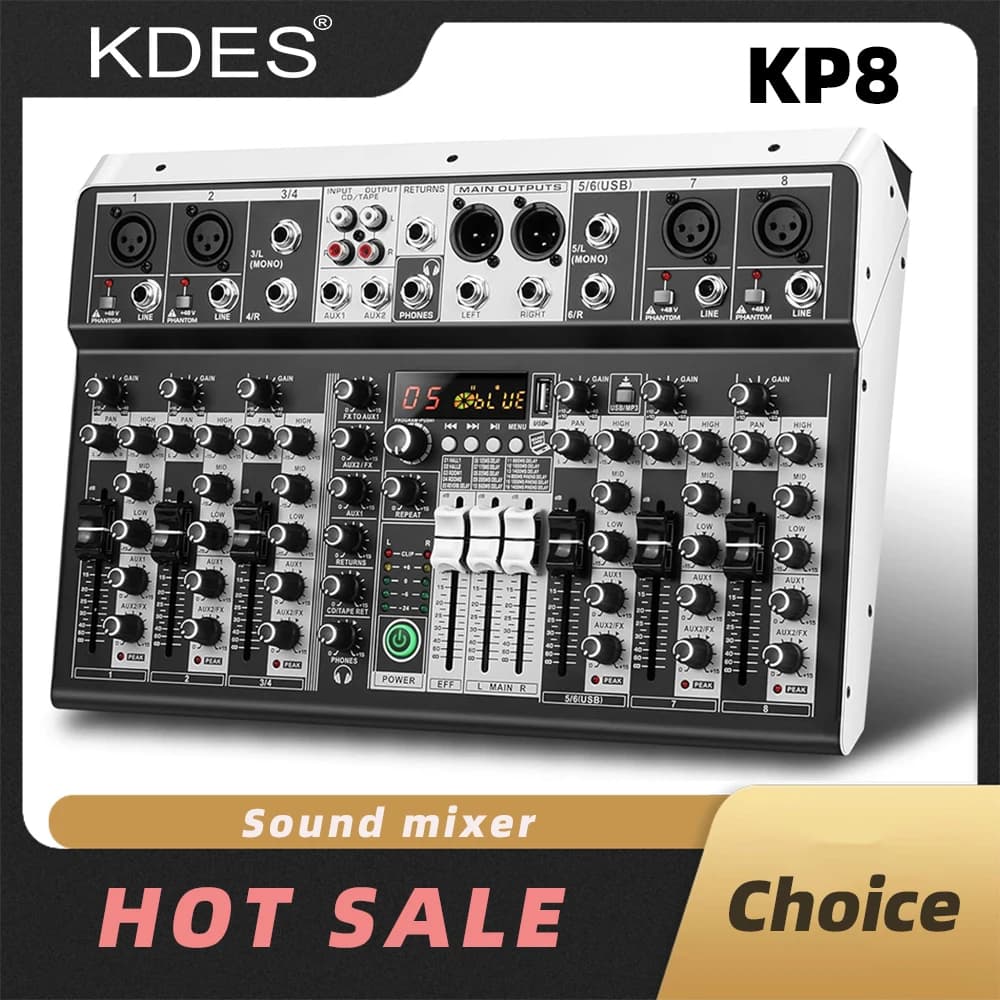 KDES KP8 Audio Mixer 8 channels 99 DSP Record PC Effects 48V Phantom Power USB Audio Mixer Bluetooth DJ Console Mixing for Karaok