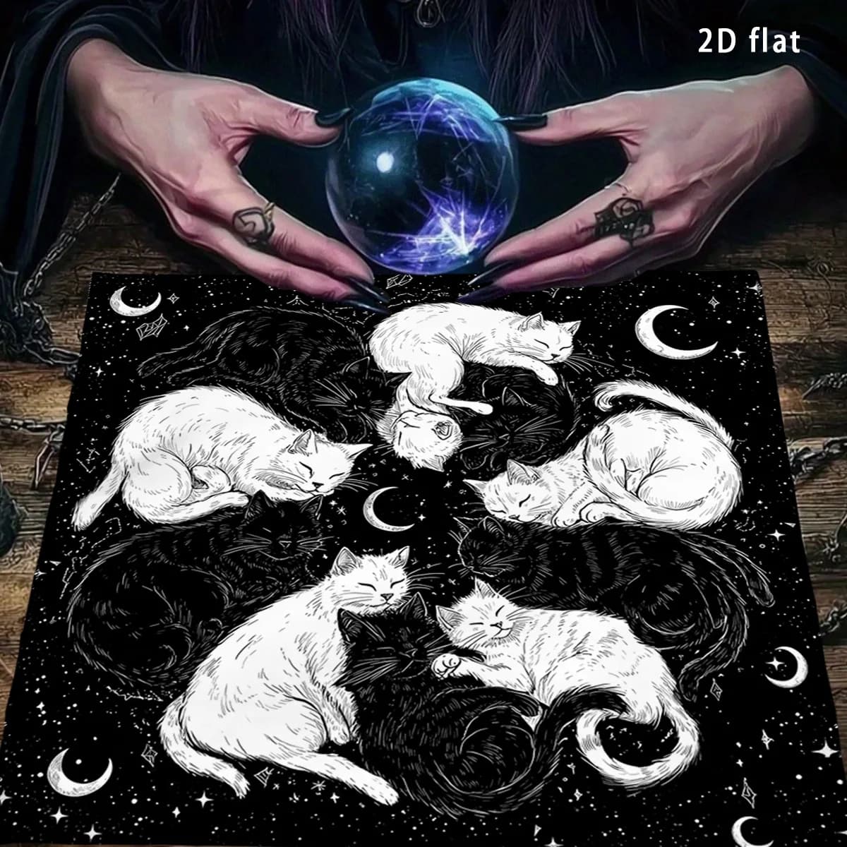 Black & White Cat Tarot Tablecloth Moon Phase & Starry Sky Divination Cloth Dream Altar Cloth Card Pad Home Decor Art Poster