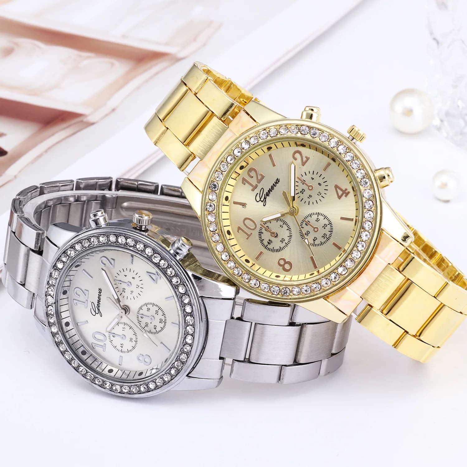 Women's Watch Gold Classic Stainless Steel Watch Quartz Wrist Watch with Fashion Rhinestones for Women Girl