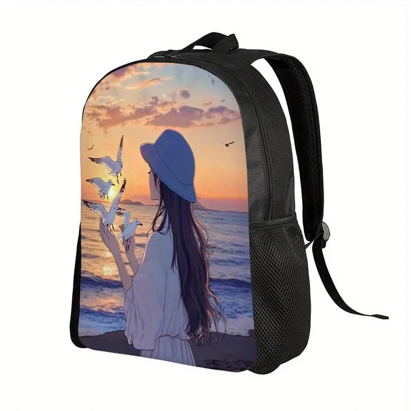 Seaside Girl Bird Feeding backpack - Pastel Sunset travel bag, adjustable shoulder strap and zip closure, suitable for school
