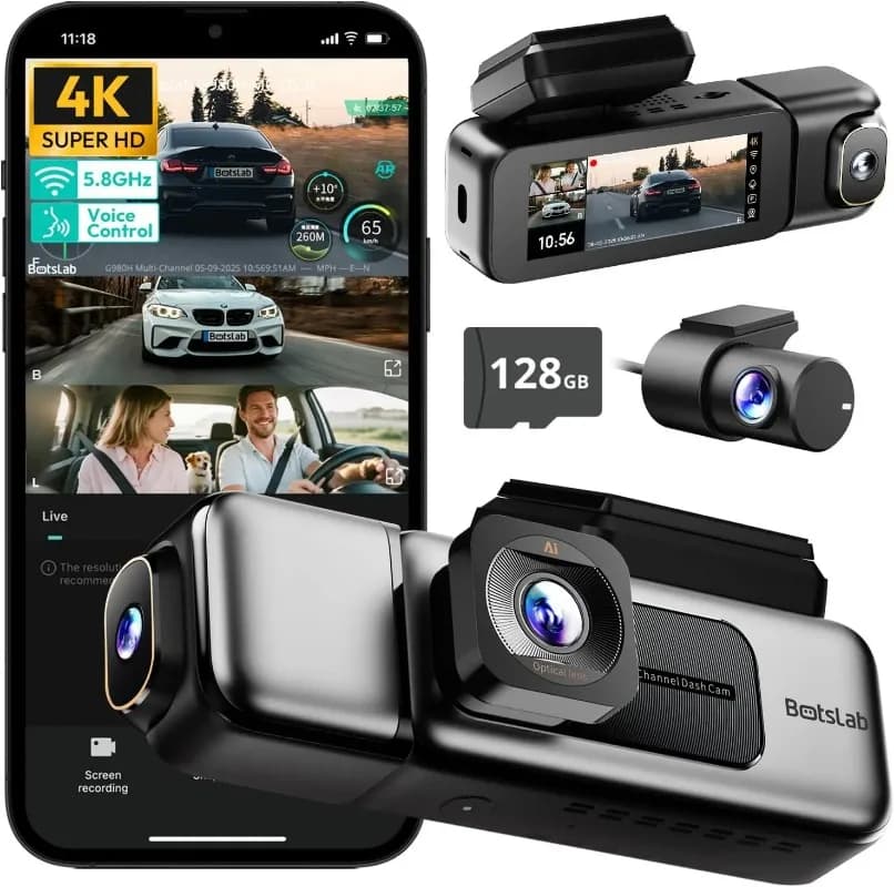 BOTSLAB Dash Cam 4K a 3 Canali Anteriore Posteriore Interna 360° ° Touchscreen con Visione Notturna GPS WiFi Controllo Vocale 128GB 108