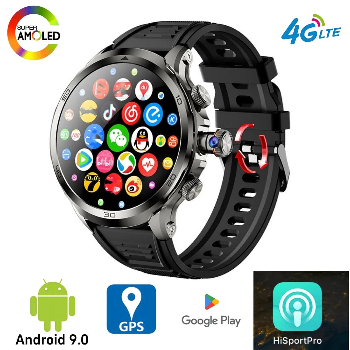 32GB + 256GB H19 Smart Watch 4G LTE Full Netcom Android Smartwatch 900W Telecamera rotante GPS WIFI Google Play Store Scarica le app