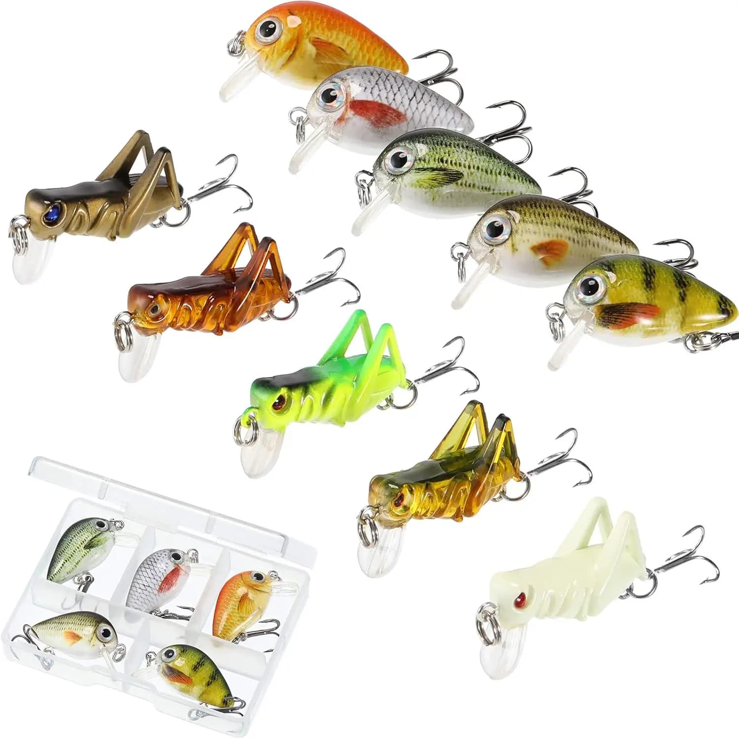 10 Mini Esche da Pesca con Scatola, Esche Dure con Ami per Acqua Dolce e Salata, Trota, Spigola, Persico