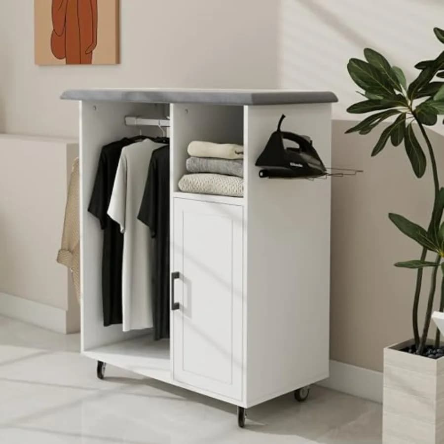 Stazione da Stiro Mobile con Asse da Stiro Integrato, Carrello Bianco per Lavanderia con 3 Ripiani e Ganci, Cabina da Stiro Pieghevole