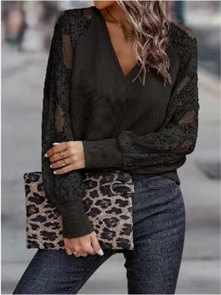 T-shirt a maniche lunghe con lanterna con scollo a V tinta unita Top autunnale in pizzo sexy da donna elegante stile moda quotidiana