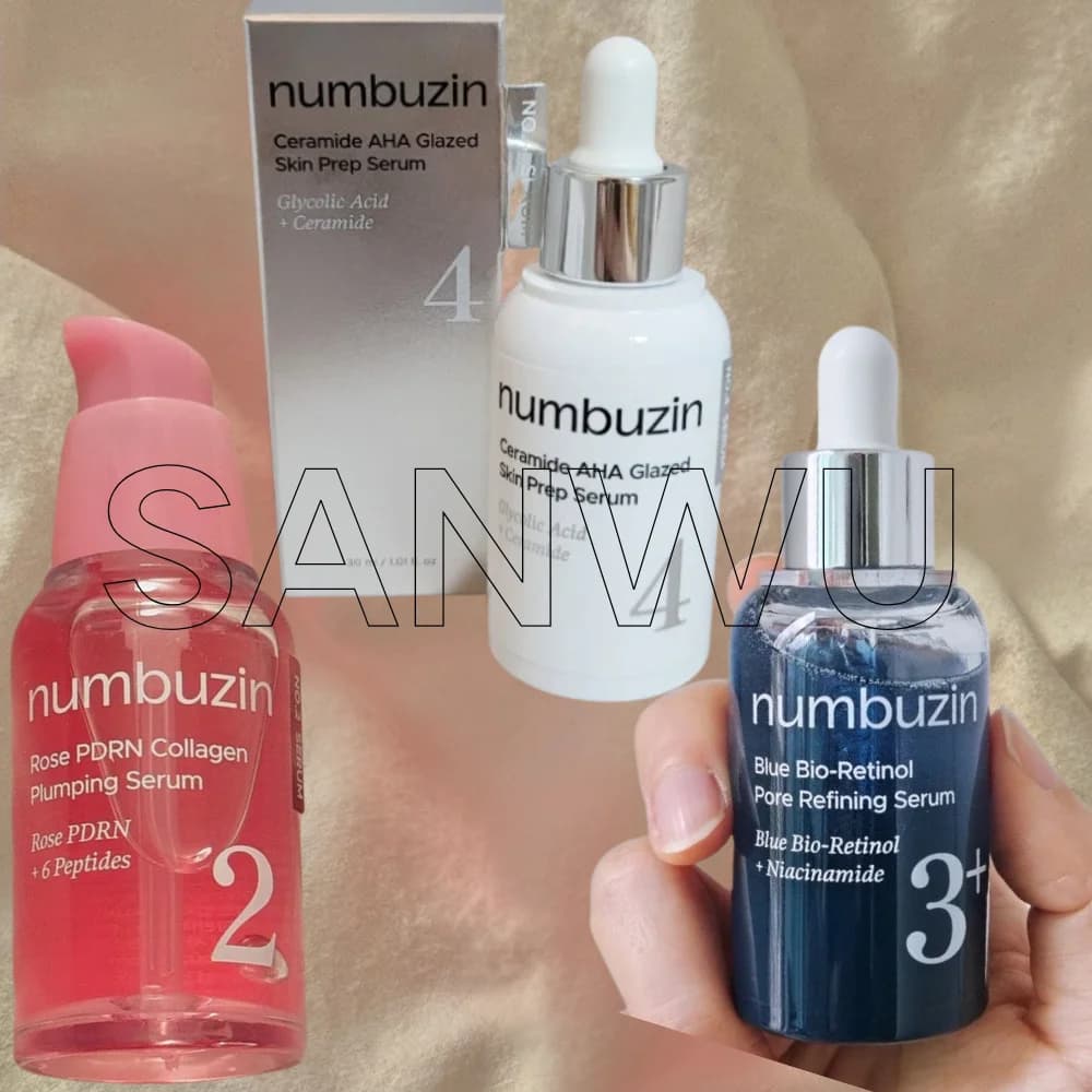 Set di Sieri Numbuzin NO.2 Collagene PDRN alla Rosa + NO.3 Bio-Retinolo per Affinare i Pori + NO.4 Ceramide AHA Preparatore Cutaneo, Skincare Coreana