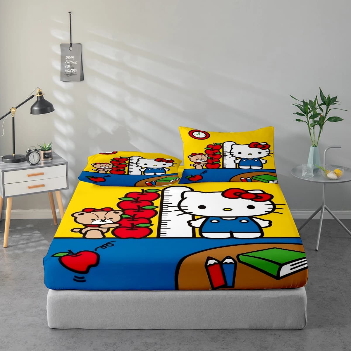 3-Piece High-Definition Digital Print Bed Sheet Set Hello Kitty Large Floral Print Bed Sheet Set, Includes 1 Fitted Sheet + 1/2 Pillowcase, Suitable for Bedroom, Guest Room, Home Decoration, Polyester Fiber Fitted Sheet + Pillowcase, Ultra-Soft Bedding, Thick Ultra-Soft Fabric, Comfortable for All Seasons, Machine Washable