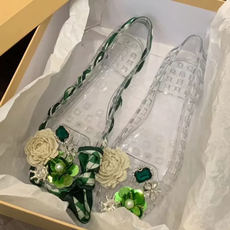 Open-toe sandals with new style square tip with flat sole Jelly-style Shoes DlY Floral Handmade Shoes with Crystals and Nettin