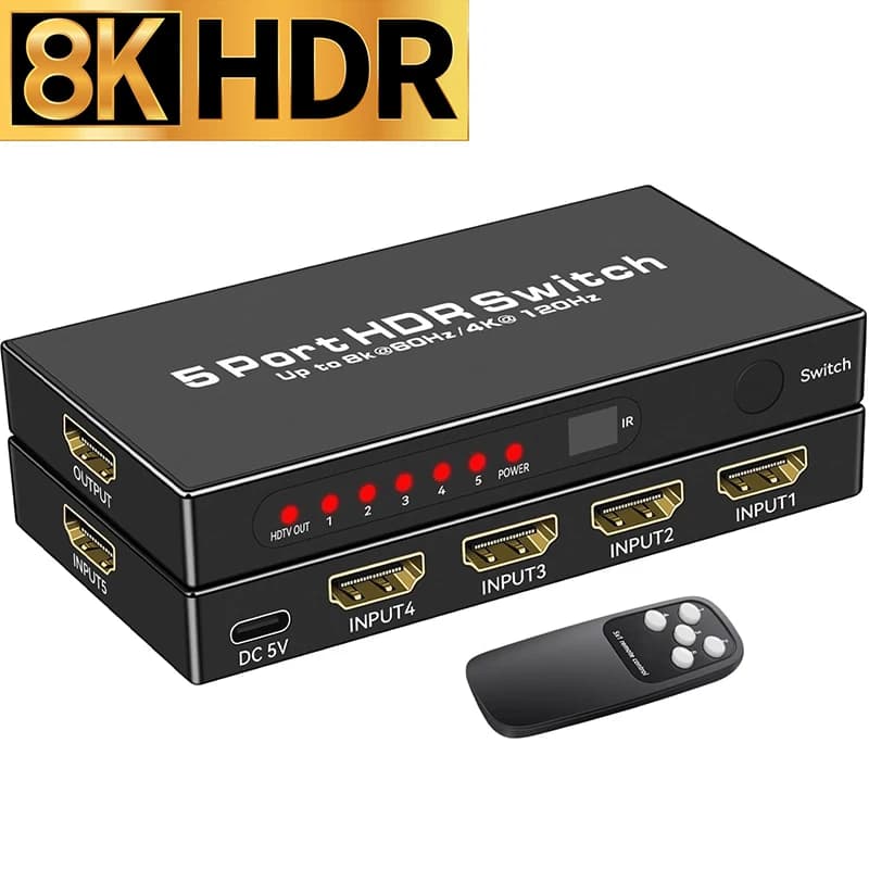 HDMI 2.1 8K 5 in 1 output 8K@60Hz Switcher HDMI 4K@120Hz Support 3x1 HDCP2.3 48Gbps HDR with remote control for PS5 PC TV