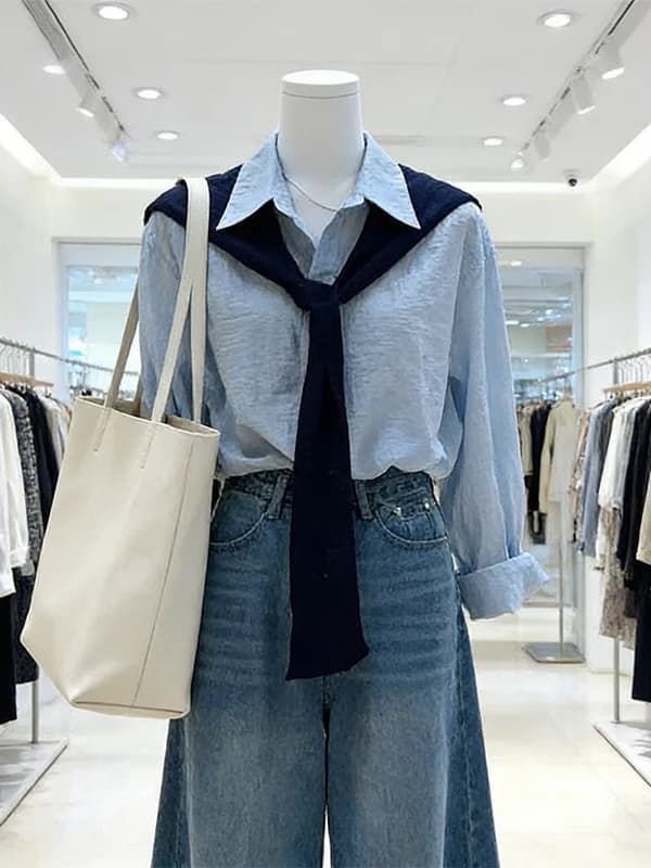 Large Size Spring Design Shoulder Shawl Shirt High Waist Wide Leg Jeans Three Piece Set Women's Fashion Casual Wear