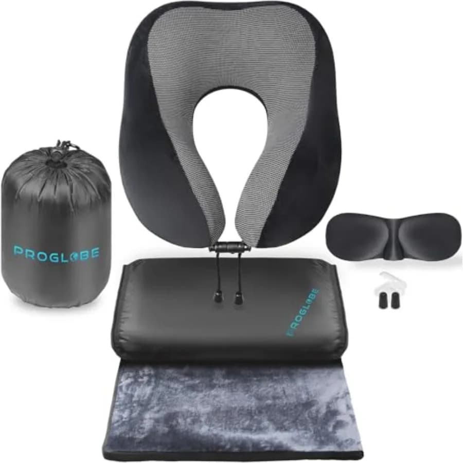 Set da Viaggio di Lusso - Cuscino Ergonomico per Collo in Memory Foam 100% Puro e Coperta Super Morbida in Pile - Premium