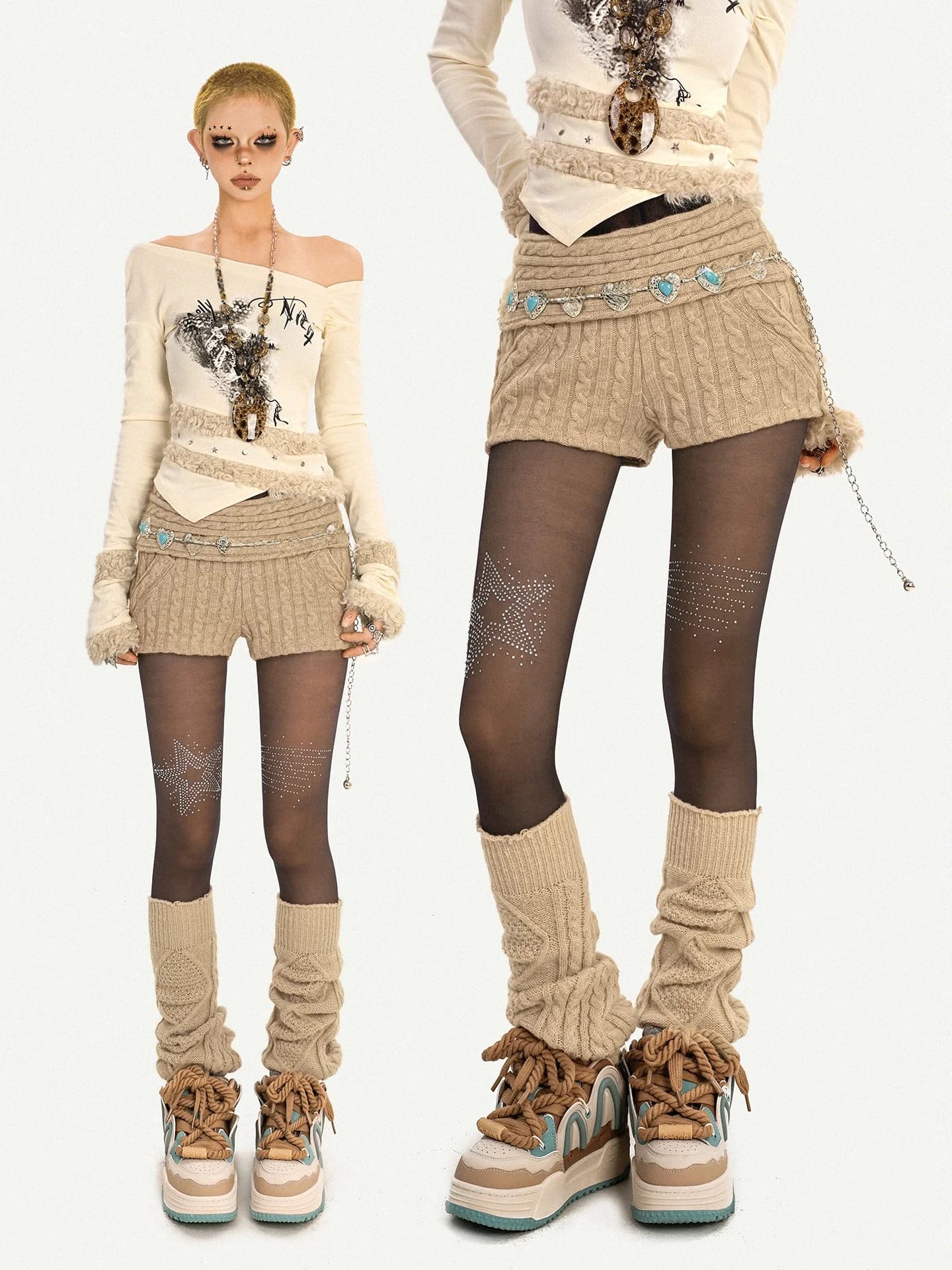 Nico Molly Design originale Pantaloncini lavorati a maglia dolci e piccanti Pantaloni casual da donna a vita alta Stile street fashion Autunno Inverno