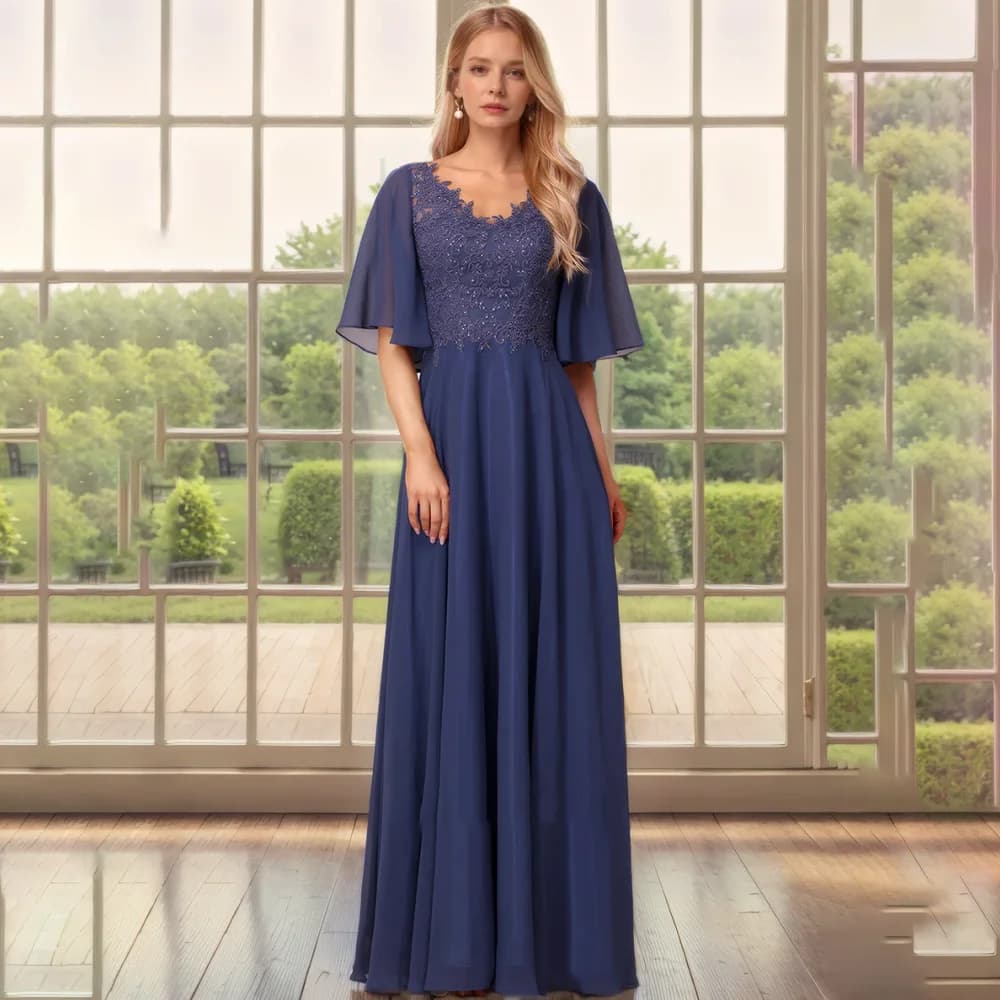 Customized Navy Blue V Neck Mother Of Bride Dresses Flare Short Sleeve Lace Chiffon A Line Back Floor Length Wedding Guest Gown
