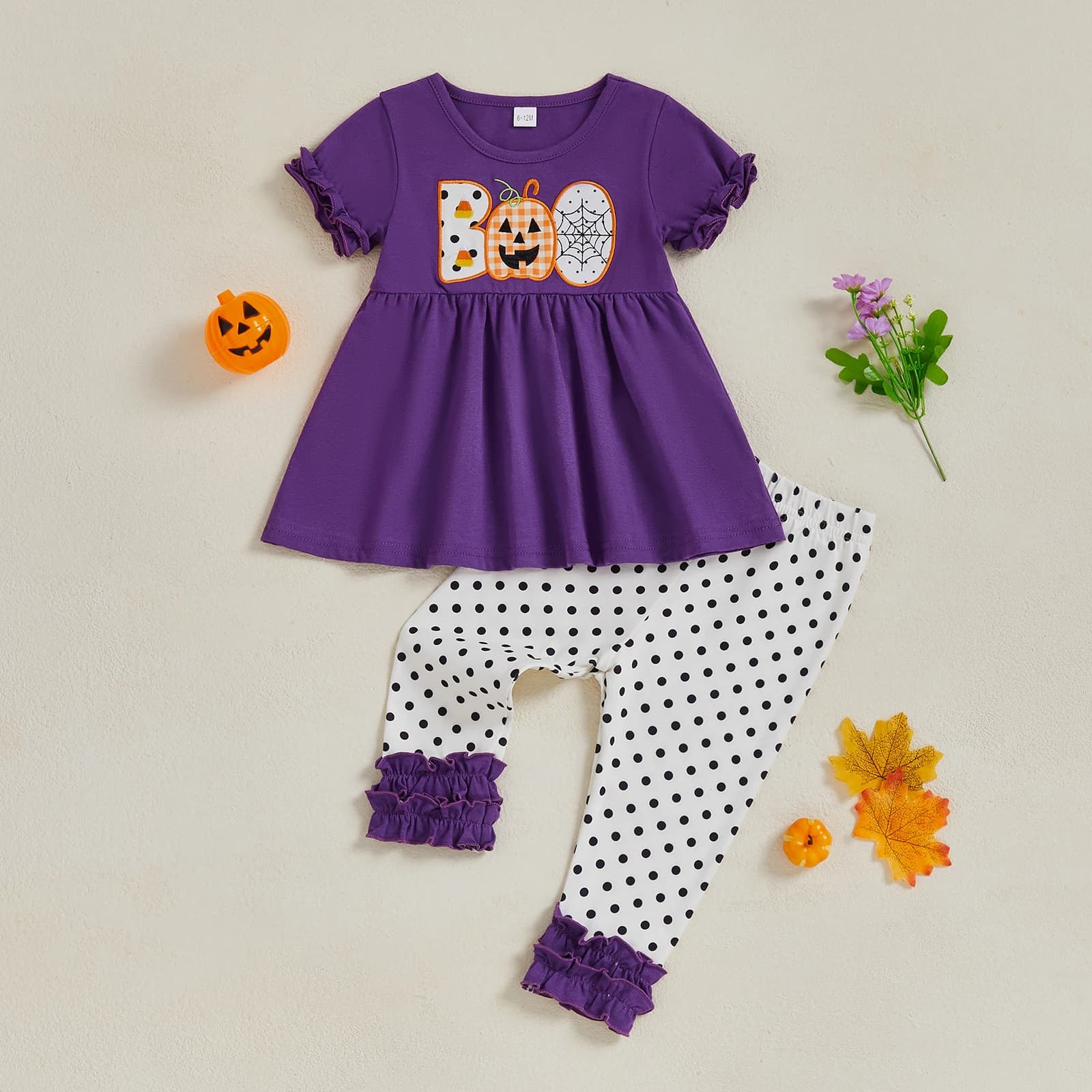 Adorabile costume di Halloween per bambina con stampa di zucca, camicia da babydoll a maniche corte, leggings con volant a pois, completo da 2 pezzi