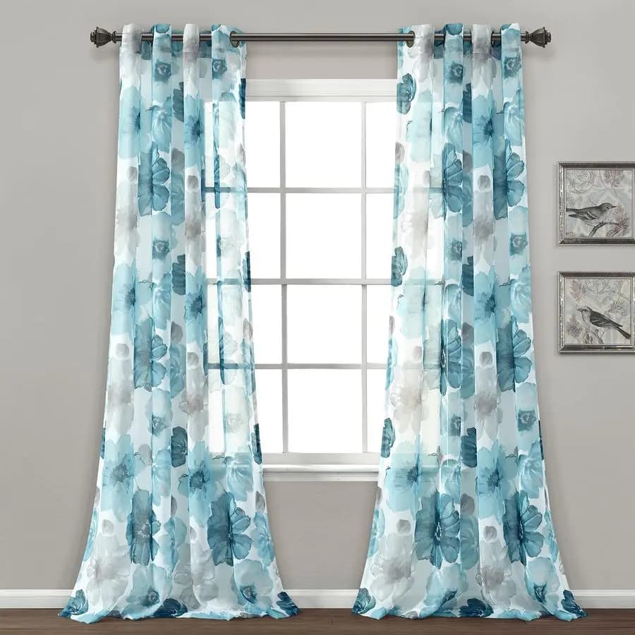 Tende velate floreali Leah, coppia di pannelli 52W x 84L, tende blu floreali per camera da letto, tende velate per soggiorno