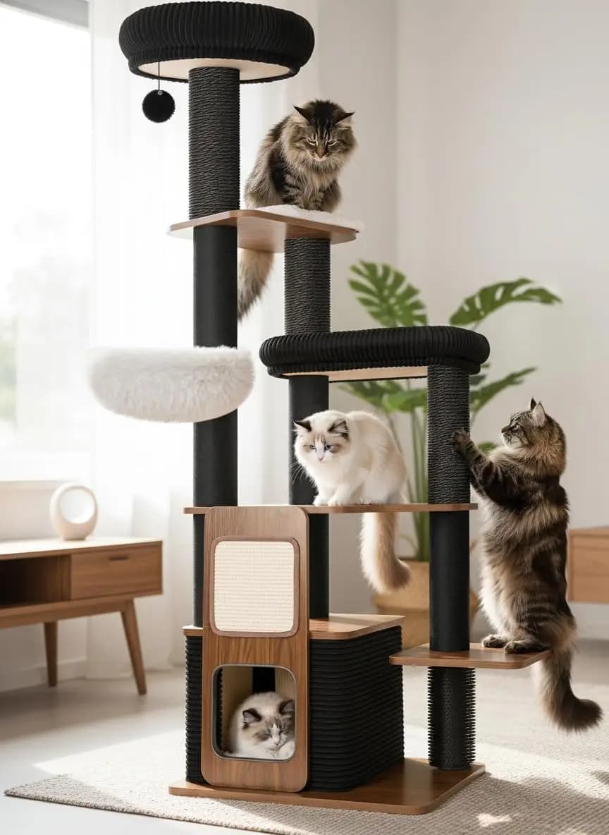 Torre per Gatti Moderna da 63 Pollici per Gatti da Interno, Robusta per Razze Grandi con Tiragraffi e Postazione Superiore