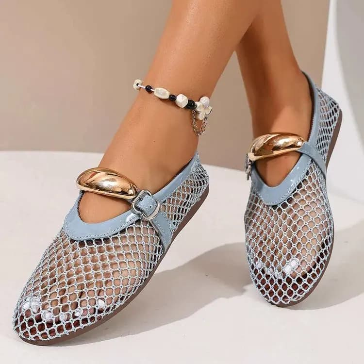 Net Flat Fashion Sandals New Summer Round Head Breathable Line Button Mary Jane Fishnet Shoes Ladies Shoes Multicolor Large Size