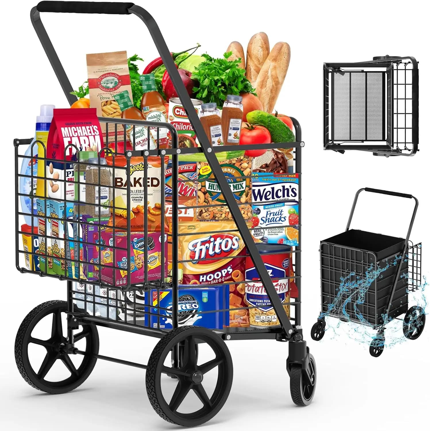 Foldable shopping cart for heavy loads of 450 pounds with double basket and 360 ° Food wheels Transportation Laundry