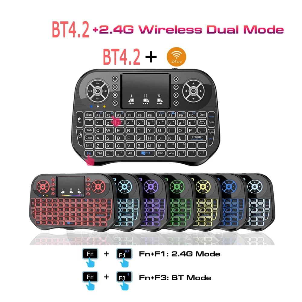 Mini tastiera wireless Dual Mode BT4.2 2.4G telecomando retroilluminato 7 colori Touchpad Air Mouse per Android TV Box PC Proiettore Pad