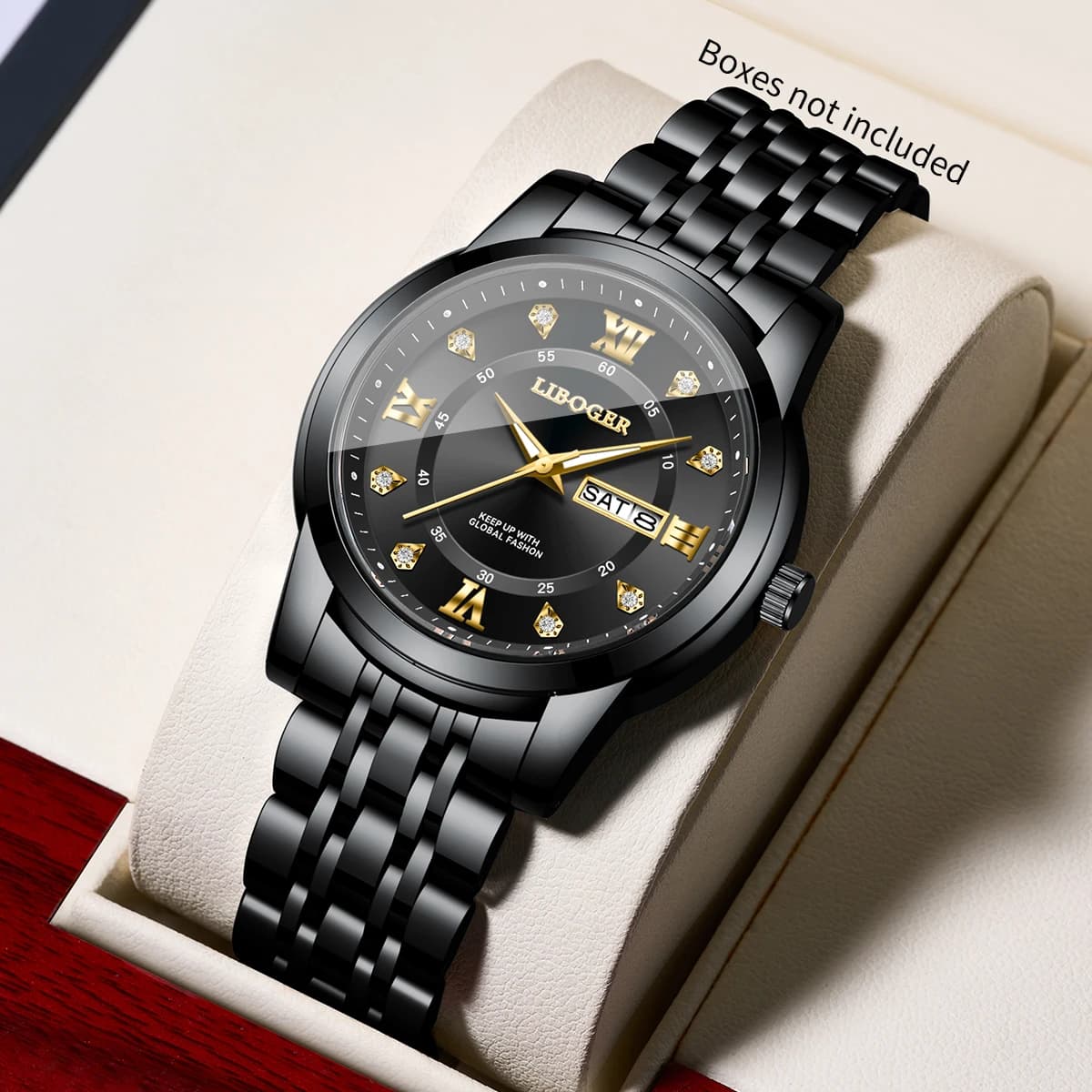 Luxury Men Business Quartz Watch Black Steel Strap Roma Diamond Dial Date Display Wristwatch Gift Relogio Masculino（Without Box）