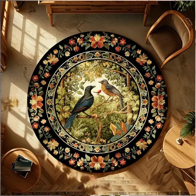 Round Rug – Gold Floral Pattern Large Circle Carpet for Kitchen & Bedroom