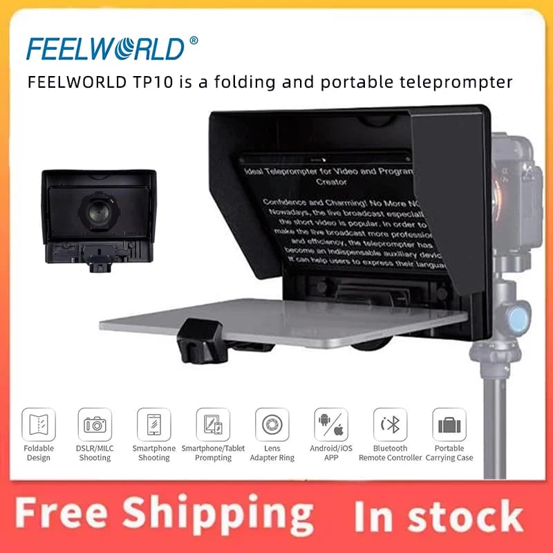 FEELWORLD TP10 Portable 10-inch Folding Teleprompter Supports up to 11" Smartphone Tablet With Remote Control and Lens Adapter