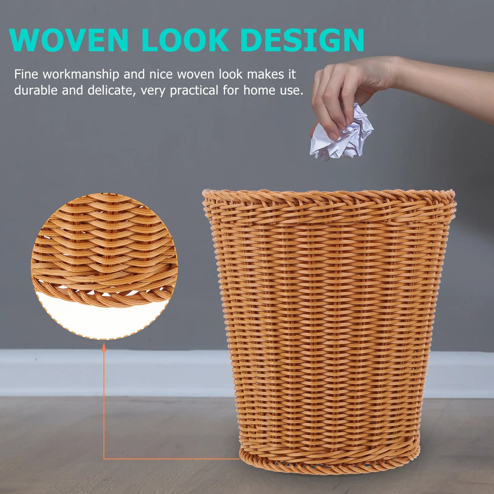 Cestino per Rifiuti in Plastica Intrecciata, Elegante e Compatto, Cesto Portaoggetti per Camera da Letto e Cucina, Organizzatore per Oggetti Vari