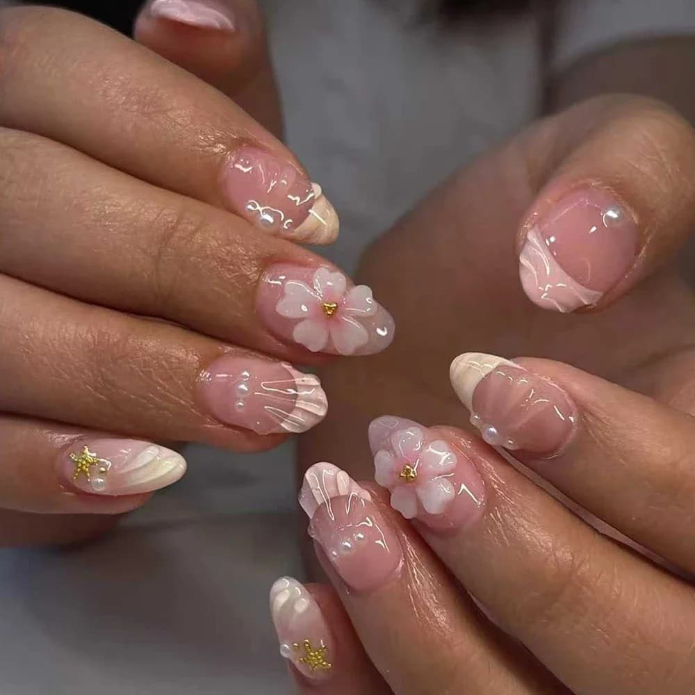 24pcs Short Oval 3D Gel Nail Stickers, Create Pearl Shell Nail Art, French Acrylic Press-On Nails, Short Size Perfectly Fit Fal