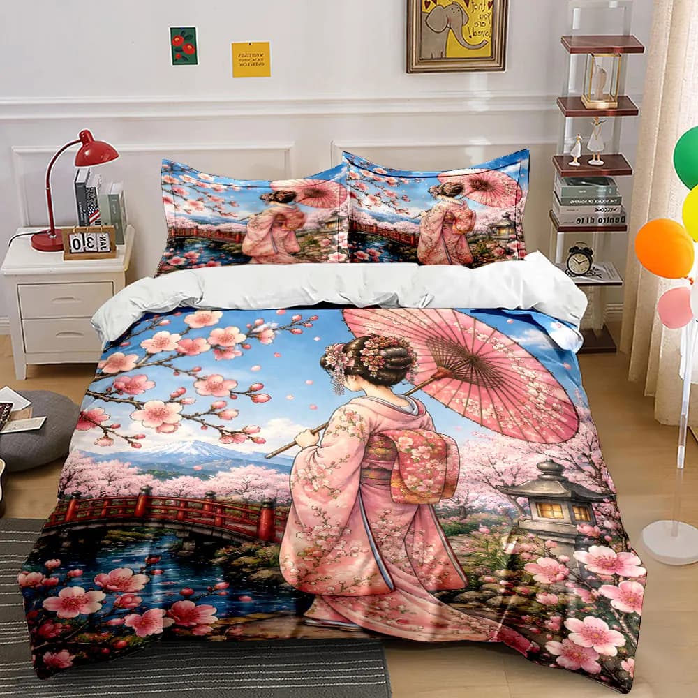 Set di biancheria da letto con stampa di una signora in kimono con fiori di ciliegio e ponte rosso, morbido e confortevole, include 1 copripiumino e 2 federe.